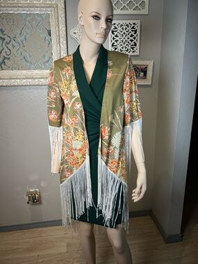 Olive Floral Fringe Kimono Jacket - Women